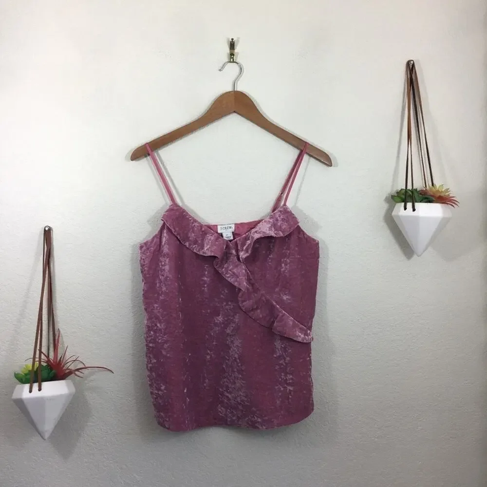 NWT J. Crew pink crushed velvet ruffle tank top